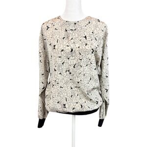Russ Elephant Print Blouse Womens 12 Cream Black Vintage Long Sleeve Back Button